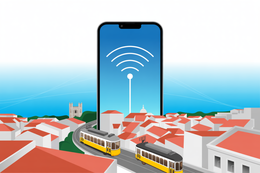 eSIM for Portugal - smartphone with Portuguese network signal over Lisbon skyline